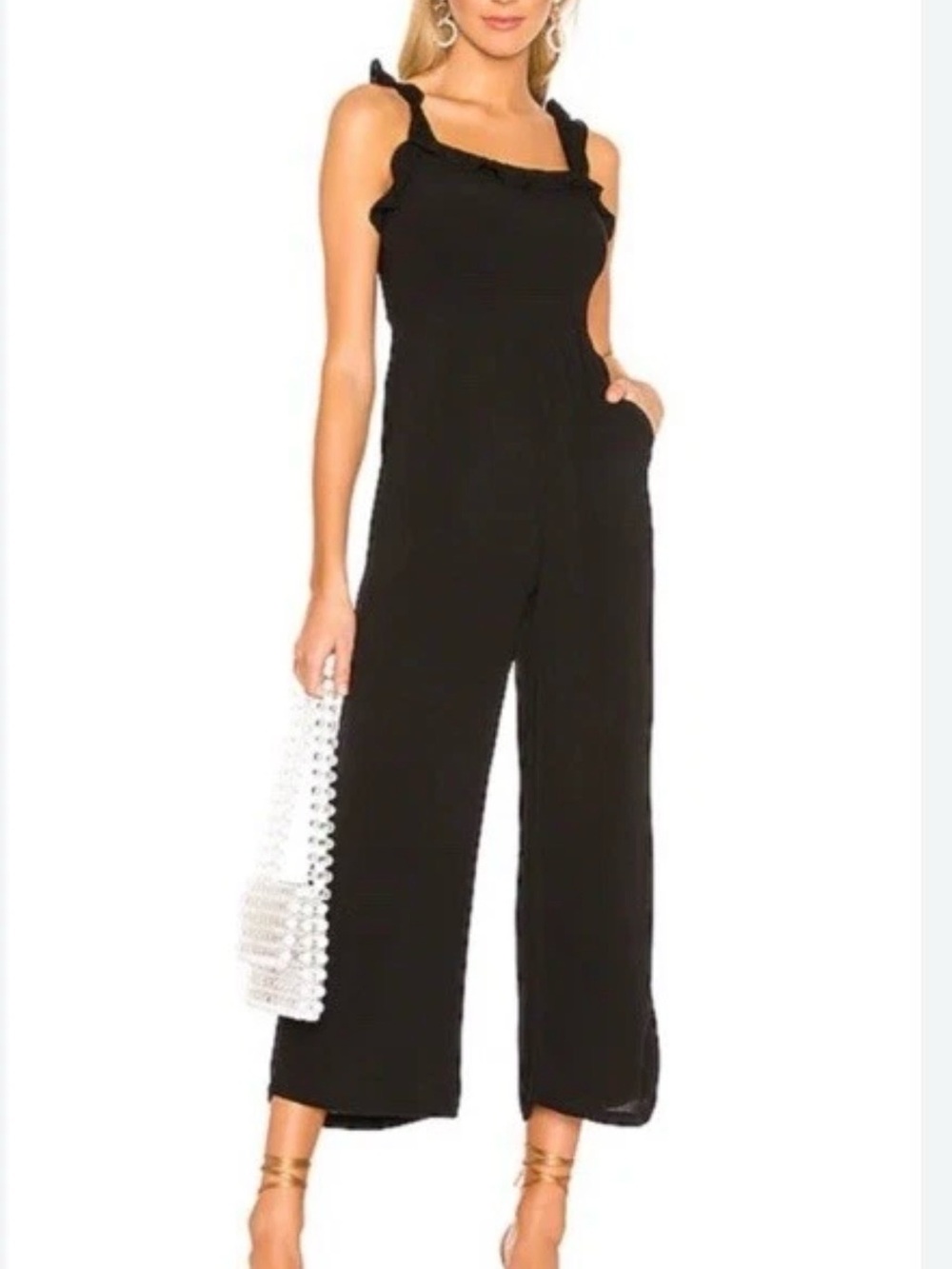 NWT superdown Black Ruffle-Trim Wide-Leg Jumpsuit
